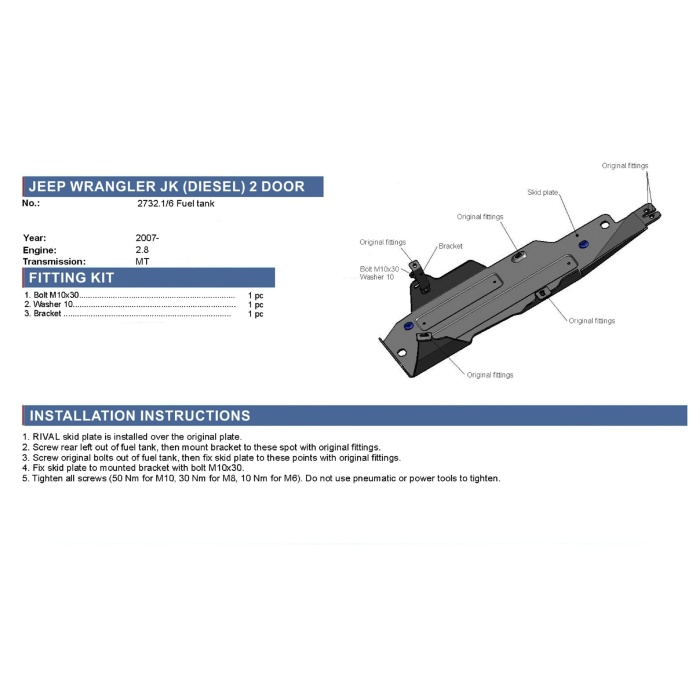 Scut rezervor pentru Jeep Wrangler JK 2007-2018 2 usi doar 2,8 numai motorina CDR, din aluminiu,6 mm, Rival - imagine 3