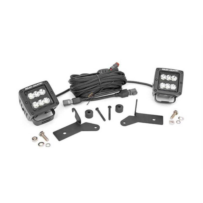 Proiectoare LED cub 2” Black Series cu suporturi Jeep Wrangler JL și Gladiator JT Rough Country 70052
